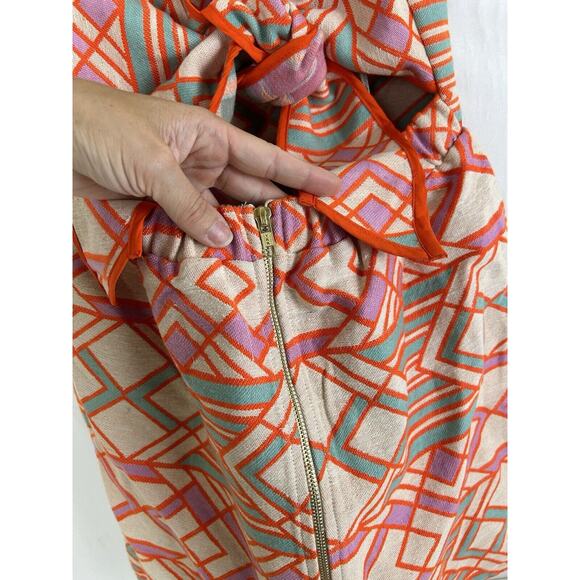 Judith March Mini Dress Retro Strapless Bow 70's Geometric Orange Women's Large - Picture 4 of 8